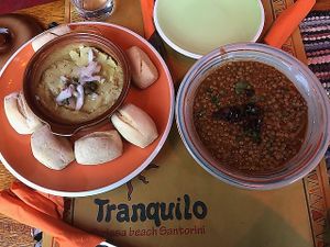 Fava on top, lentil stew on bottom. at Tranquilo in Santorini