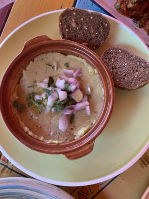 Vegan fava bean dip with bread  at Tranquilo in Santorini