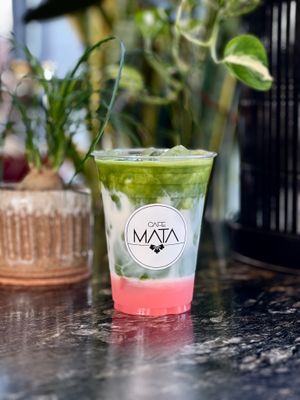 Matcha with our sakura syrup, makes for rosie-matcha-magic at Cafe Mata in Wilmington