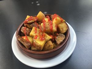 Patatas bravas (sin mayonesa!)  at El Embaucador in Logrono
