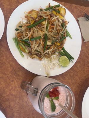 Pad Thai and mylk shake which  at Ubuntu Eat in Phuket