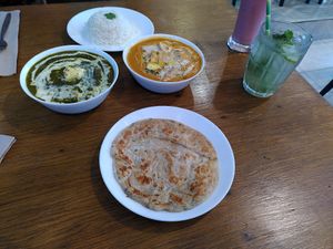 Rice, paneers, and pratah. Strawberry lassi and lychee soda at Ubuntu Eat in Phuket