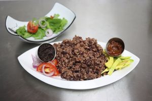 Waakye with shito and stew at Nkwa Dua in Accra