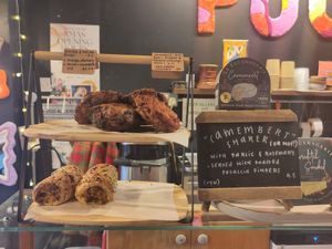 Savouries and vegan cheese on sale at Puck & Pollen in Sheffield