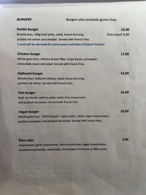 The menue with the vegan burger listed!  at Meän Paikka in Yllaesjokisuu