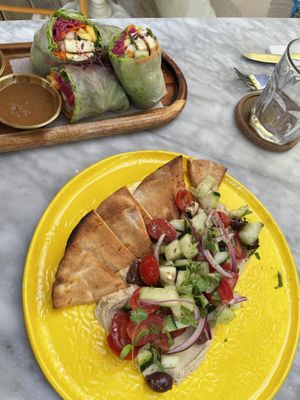 Hummus and pita. Summer rolls made vegan by substituting shrimp for tofu    at The Coco Cafe in Noord