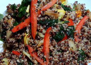 A pre-Summer Veg & Quinoa Saute! Multicolored Quinoa Sauteed with Summer Squash, Zucchini, Spinach, Tomatoes, and Eggplant seasoned with Basil & Garlic!  at Sprouts Cafe in Gastonia