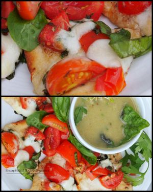 Our own Garden Fresh Tomatoes, Marinated in Olive Oil, Fresh Picked Basil, Herbs and Balsamic Vinegar on a traditional personal sized crust with Melty Fresh Mozzarella!  at Sprouts Cafe in Gastonia