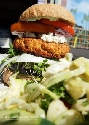 Summer Style Veggie Burger with white bean quinoa veggie burger, with garden fresh picked tomatoes marinated in balsamic vinaigrette, thick slice of eggplant from the garden, feta cheese, sprouts, onion/basil aioli all on a toasted whole wheat bun! at Sprouts Cafe in Gastonia