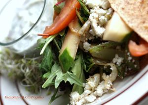 Veggie Gyro Wrap! A warm, 7-Grain & Flax Wrap filled with Greek Seasoned Organic Veggies, Feta Cheese, Mixed Greens, and Balsamic Marinated Cucumber & Tomatoes served with a side of Tzatziki Sauce!   at Sprouts Cafe in Gastonia