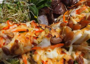 Thai Veggie Pizza! Organic Veggies Marinated in a tasty Lime Chili Dressing on a personal sized traditional crust with softened peanuts, sprinkled mozzarella cheese and finished with a drizzle of sweet chili peanut sauce! at Sprouts Cafe in Gastonia