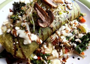 Basil Crepes filled with Sauteed Crimini and Portobello Mushrooms, Onion, and Kale sprinkled with Feta and Mozzarella Cheeses, served over Seasoned Grilled Veggies, and finished with a Balsamic Drizzle?!   at Sprouts Cafe in Gastonia