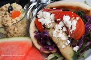 Veggie Gyro! Greek seasoned, grilled veggies including: Purple Cabbage, Carrot, Curly Kale, Bell Pepper, Zucchini in a thick traditional pita. at Sprouts Cafe in Gastonia