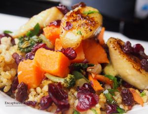 Today's Delicious Special is a Curried Veggie Rice Bowl with Roasted Sweet Potatoes and Grilled Bananas! Delicious, Organic Indian Spiced Grilled Veggies, Roasted Sweet Potatoes over Curried Brown Rice topped with Grilled Bananas!  at Sprouts Cafe in Gastonia