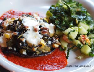 Stuffed Portabella! Marinated whole Portabella Mushroom, stuffed with Zucchini, yellow Squash, Fresh Mozzarella Balls, Basil & Mushrooms on a bed of Housemade Marinara Sauce!  at Sprouts Cafe in Gastonia