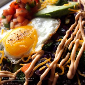Huevos Rancheros with Grilled Veggies! Toasted 7-grain flax tortilla topped with black lentils,a sunny fried egg, fresh made salsa, fresh cut avocado, and finished with a drizzle of chipotle aioli and a sprinkle of cheddar cheese!  at Sprouts Cafe in Gastonia