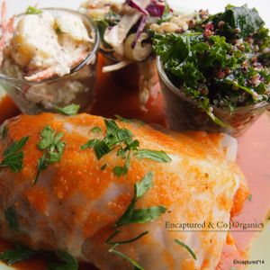 Our Hearty, healthy, low carb lunch made with softened organic green cabbage leaves filled with grilled and seasoned brown rice and organic veggies topped with a delicious house made red sauce!  at Sprouts Cafe in Gastonia