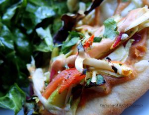 Thai Veggie Pizza! A traditional crust topped with marinated veggies with a hint of curry, Thai sweet chili peanut sauce, mozzarella, and pepper jack cheeses.   at Sprouts Cafe in Gastonia