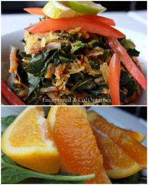 Warm, hearty, pasta-less Spaghetti Squash Noodle Bowl! Sauteed Noodles of Kale, Collards, and Spaghetti Squash with a Lime Peanut dressing! Vegan and Gluten Free!  at Sprouts Cafe in Gastonia