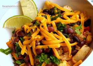 Roasted Root Veggie Bean & Brown Rice Bowl! Seasoned and Roasted Organic Root Veggies with Black and Red Beans, and Brown Rice topped with Cheddar Cheddar Cheese, Fresh Squeezed Lime Juice and Parsley! at Sprouts Cafe in Gastonia