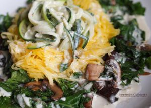 Spaghetti, Squash, and Zucchini Pasta with Creamy Garlic Sauce and Sauteed Leeks, Crimini Mushrooms and Kale! Gluten, Wheat, and Soy FREE!  at Sprouts Cafe in Gastonia