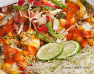 Veggie & Chickpea Tostada! A tasty tostada made with seasoned grilled organic veggies and chickpeas, chipotle aioli, 3 cheese blend of cheddar, mozzarella, and pepper jack on a toasty 7 grain flax tortilla topped with a warm red sauce!  at Sprouts Cafe in Gastonia
