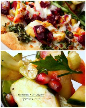 Root Veggie & Kale Pizza! Marinated Curly Kale, Organic Root Veggies including White, Sweet Potatoes, Beets, Rainbow Carrots, and Onion on a Traditional Crust with a Sprinkle of Mozzarella Cheese!  at Sprouts Cafe in Gastonia