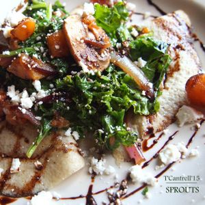  Savory Crepes with Sautéed Kale, Crimini Mushrooms, Butternut Squash, and Red Onion finished with a Sprinkle of Feta Cheese and Drizzle of Balsamic Reduction at Sprouts Cafe in Gastonia