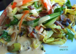 Veggie Pad Thai Day! Zucchini Carrot and Yellow Squash Noodles with curry stir fried organic veggies topped with softened chopped peanuts and a drizzle of tai coconut peanut sauce. at Sprouts Cafe in Gastonia