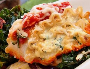 Veggie Lasagna! Gluten Free Pasta, House made Marinara, Layers of Grilled Veggies, Mozzarella & Ricotta Cheeses ! Enjoy with a hot bowl of Potato Leek or Vegetable Bisque Soup at Sprouts Cafe in Gastonia