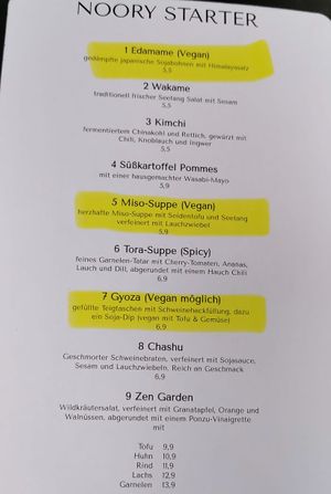 Menu Starters (vegan options highlighted)  at Noory in Hamburg