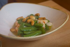 Vegan prawns with sugar peas  at Kamala Vegan in Berlin