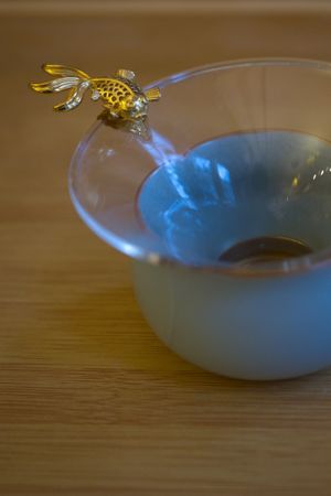 Gold fish on a tea filter at Kamala Vegan in Berlin