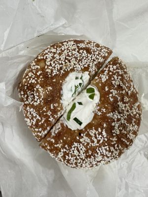 Toasted salt with tofu scallion cream cheese  at Bagel Boss in Yaphank