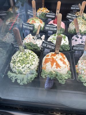 Tofu veggie and tofu scallion cream cheeses (middle row)  at Bagel Boss in Yaphank
