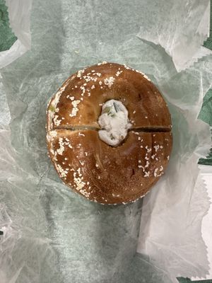 Toasted salt bagel with tofu scallion cream cheese #Veganuary at Bagel Boss in Yaphank