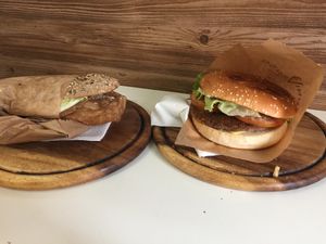 focaccia sandwich and smoky burger at Universo Vegano in Rome