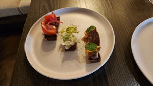 Selection of the starting sandwiches - heirloom tomatoes, fennel, bean and pumpkin at Toast & Oak in Queenstown