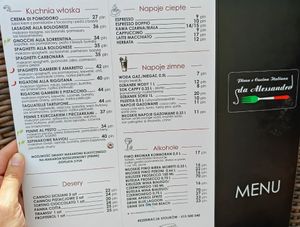 Menu/Speisekarte at Da Alessandro Pizzeria e Cucina Italiana in Olsztyn