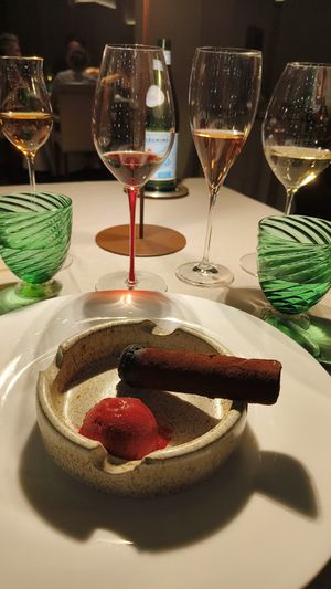 Chocolate cigar with raspberry ice cream at Il Convivio Troiani in Rome