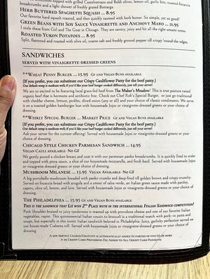 Sandwich menu. I was told they can all be veganized! 🙌🏼   at Wheat Penny Oven and Bar in Dayton