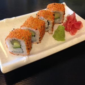 Spicy salmon maki at Raku Raku Vegetarian Steamboat and Japanese Cuisine in Petaling Jaya