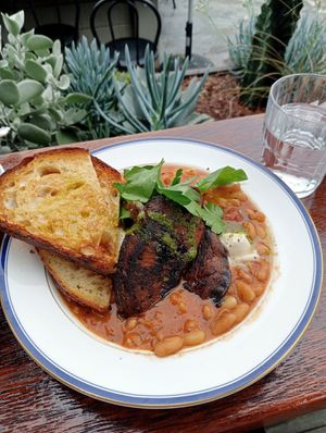 Brothy beans made vegan w mushroom and feta at Local Customs in Adamstown