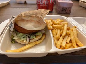 Le Belge Burger at Breaktime Burger: A vegan option with a crispy hash brown patty, fresh lettuce, tomato, onions, pickles, and your choice of sauce. I chose Vegan barbecue sauce. at Breaktime Burgers in Luxembourg City