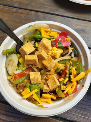 Breakfast scramble with vegan egg, vegan cheese, and tofu at Green Tomato Grill in Orange