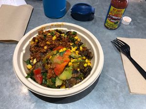 Vegan scramble, mushrooms instead of onions at Green Tomato Grill in Orange