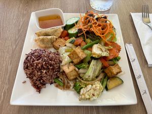 Weekday lunch combo, Spicy Basil with tofu (my choice of plant protein). Delicious! 😋  at Veggie House in Los Angeles