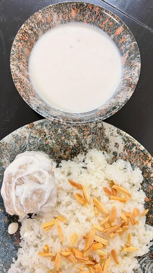 Vegan Mansaf is made from legumes, beans, and seitan for the ‘meat’ and a nut-based yogurt sauce, served with rice.  at Zada Kitchen in Ramallah