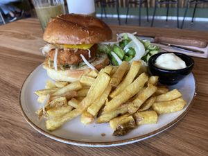 Tempeh burger: decent and crunchy, but they didn’t season the tempeh and there was a lack of sauce on the burger. The fries and fennel salad were nice though. at BROEI in Amersfoort