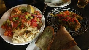 Hummus salad and eggplant at AYLAK Politiki Kouzina in Athens
